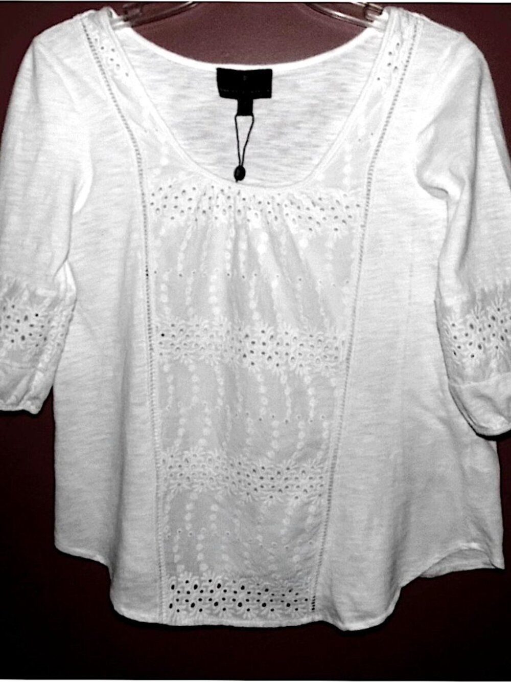 New white peasant blouse M Eyelet panel Pure cotton Scoop neck Loose Light Shirt